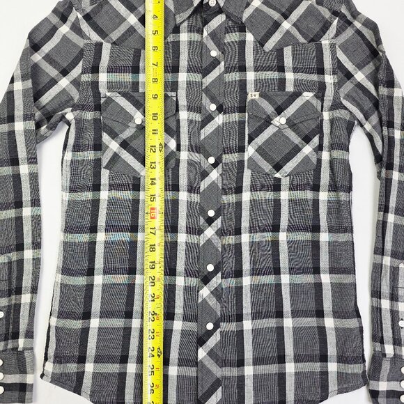 Salt Valley Gray Black White Plaid Size XS Mens Snap Lightweight Flannel Shirt - Picture 8 of 8